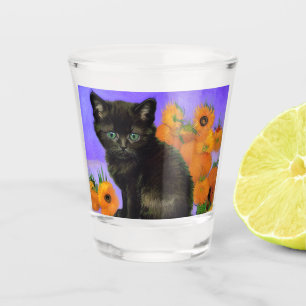 Van Gogh Zwart Kitten met Zonnebloemen Shot Glas