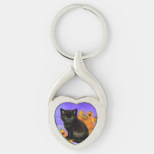 Van Gogh Zwart Kitten met Zonnebloemen Sleutelhanger