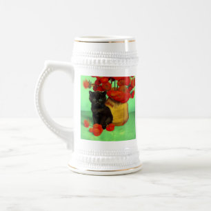 Van Gogh Zwart Kitten Rood Bloemen Bierpul