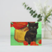 Van Gogh Zwart Kitten Rood Bloemen Briefkaart (Staand voorkant)