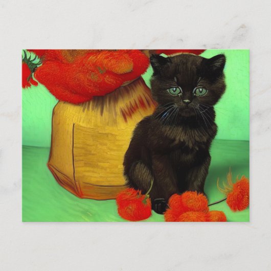 Van Gogh Zwart Kitten Rood Bloemen Briefkaart (Voorkant)