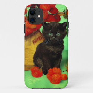Van Gogh Zwart Kitten Rood Bloemen iPhone 11 Hoesje