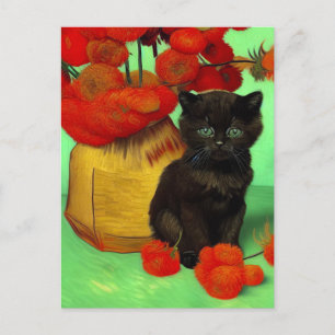 Van Gogh Zwart Kitten Rood Bloemen Feestdagenkaart