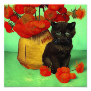 Van Gogh Zwart Kitten Rood Bloemen Foto Afdruk