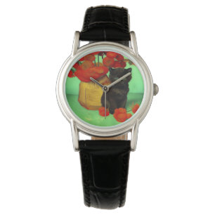 Van Gogh Zwart Kitten Rood Bloemen Horloge