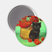 Van Gogh Zwart Kitten Rood Bloemen Magneet (Voorkant / Achterkant)