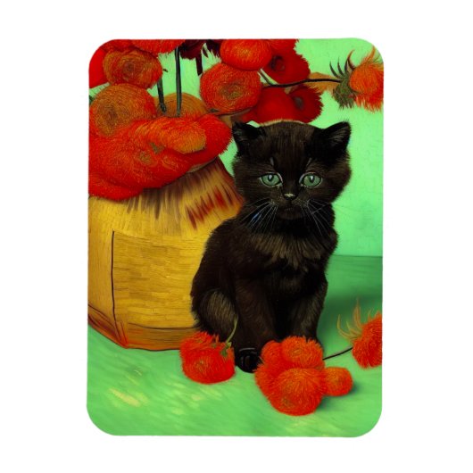 Van Gogh Zwart Kitten Rood Bloemen Magneet (Verticaal)