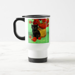Van Gogh Zwart Kitten Rood Bloemen Reisbeker
