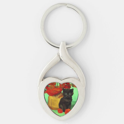 Van Gogh Zwart Kitten Rood Bloemen Sleutelhanger (Voorkant)