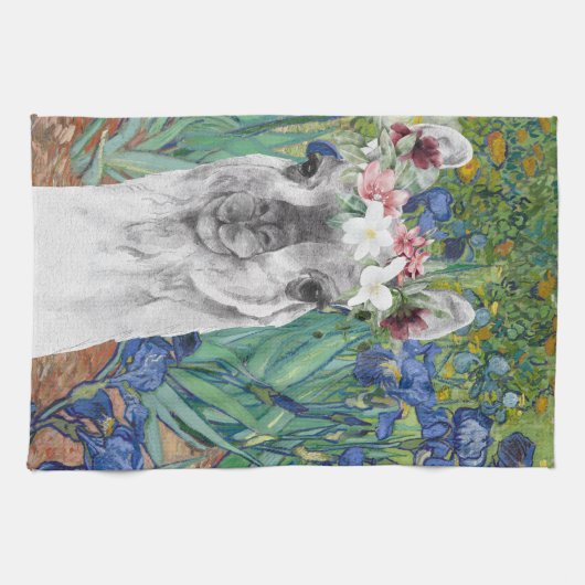 Van Gogh's Irises en Fancy Llama Theedoek (Horizontaal)
