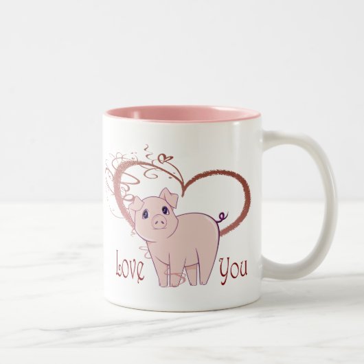 Van jou houden, van Cute Pink Pig en Swirl Heart Tweekleurige Koffiemok (Rechts)