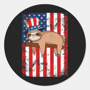 van juli Schattigee luiaard Amerikaanse vlag onafh Ronde Sticker