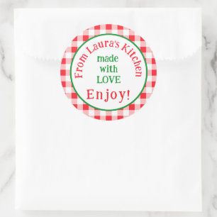 Van NAME Keuken met Liefde Rood Geruit Ronde Sticker