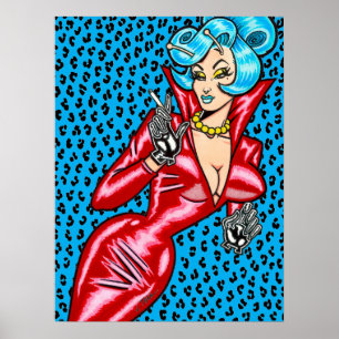 Vana DeVinyl™/Rode Vinyl Jurk/Blauwe Luipaard Poster