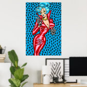 Vana DeVinyl™/Rood Vinyl Jurk/Blauw Poster (Thuiskantoor)