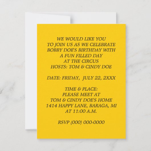 VANAVOND CIRCUS GESLOTEN PARTIJ THEME INVITE INVIT KAART (Achterkant)