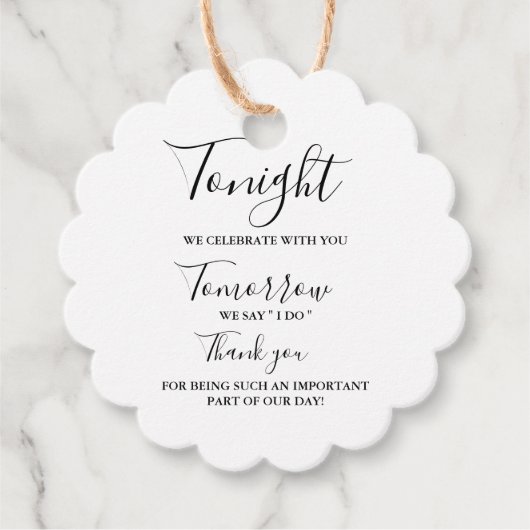 Vanavond vieren we bruiloft repetitie diner teken bedankjes labels (Voorkant)