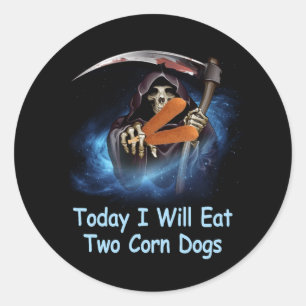 Vandaag eet ik twee maïshonden die de dodenoogst m ronde sticker