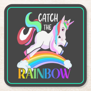 Vang het Regenboog Eenhoorn Ontwerp Vierkante Kartonnen Onderzetter