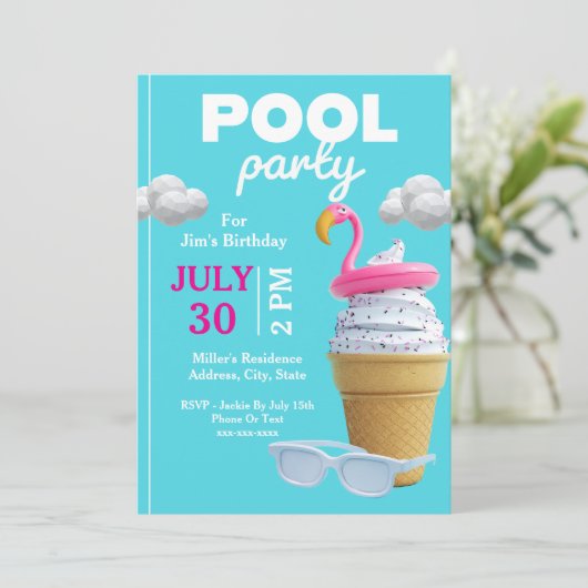 Vanilla Ice Cream Cone Verjaardag Pool Party Kaart (Staand voorkant)