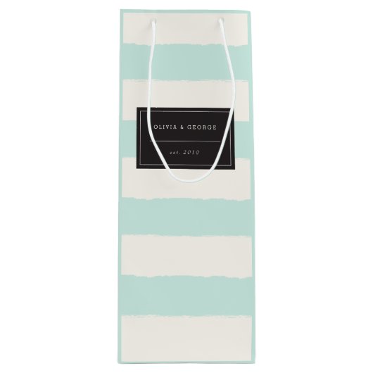Vanilla & Mint Rough Edge Stripes Name Wedding Wijn Cadeautas (Voorkant)
