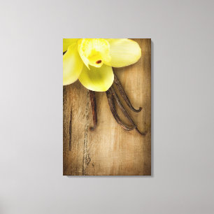 Vanilla Pods and Flower over Wooden Background Canvas Afdruk