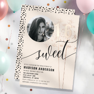 Vanilla Sparkler Sweet 16 Verjaardagsfoto Folie Uitnodiging