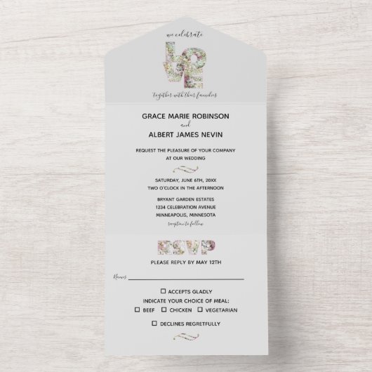 Vanilla Strawberry Hydrangeas Wedding Theme All In One Uitnodiging (Binnen)