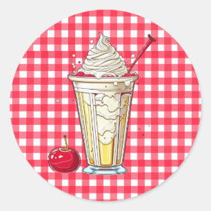 Vanille Milkshake met Kersen Rood Geruit Ronde Sticker