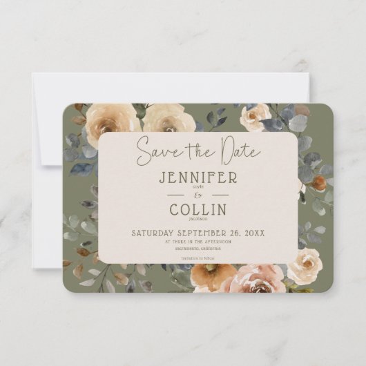 Vanille Witte Boho Rozen Sage Bruiloft Save The Date (Voorkant)