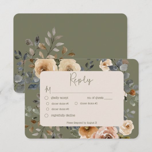 Vanille Witte Boho Rozen Salie Trouw Diner RSVP Kaartje (Voorkant / Achterkant)