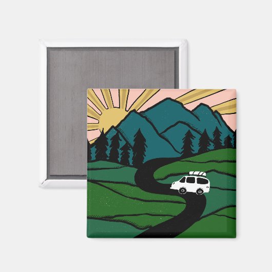 Vanlife Trees Forest Mountain Ontdek het avontuur Magneet (Voorkant / Achterkant)
