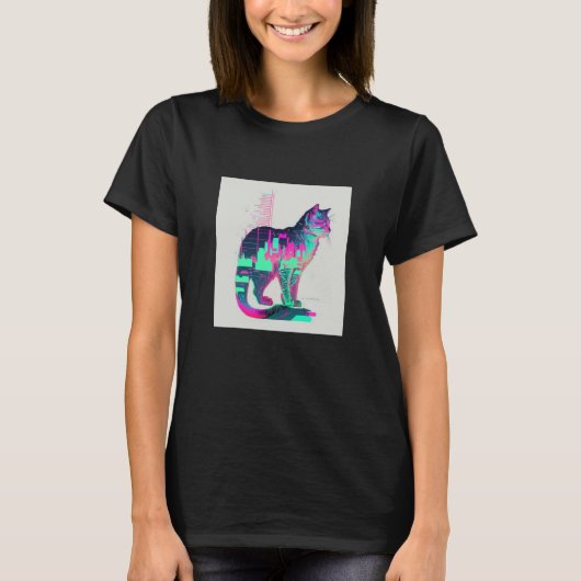 Vaperwave Aesthetic Glitch Cat Retrowave Synthwave T-shirt (Voorkant)