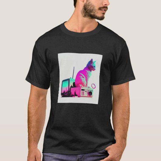 Vaperwave Aesthetic Glitch Cat Retrowave Synthwave T-shirt (Voorkant)