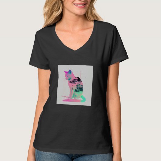 Vaperwave Aesthetic Glitch Cat Retrowave Synthwave T-shirt (Voorkant)