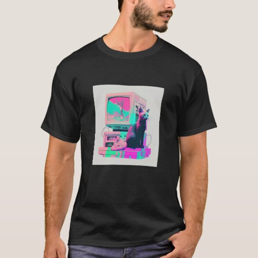 Vaperwave Aesthetic Glitch Cat Retrowave Synthwave T-shirt (Voorkant)
