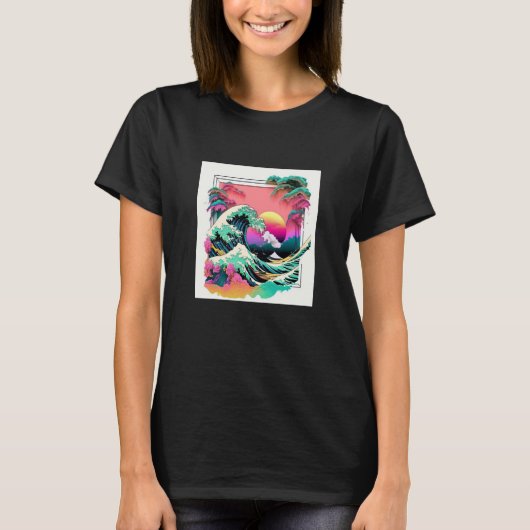 Vaperwave Aesthetic Glitch Great Wave Retrowave Sy T-shirt (Voorkant)