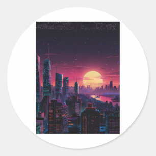 Vaporwave Cyberpunk Stadslandschap – Neon Silhouet Ronde Sticker
