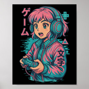 Vaporwave Gamer Meisje Japanse Art Anime Manga Gra Poster