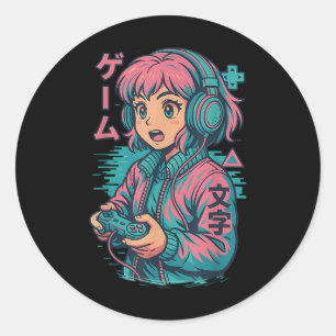 Vaporwave Gamer Meisje Japanse Art Anime Manga Gra Ronde Sticker