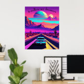 Vaporwave psychedelische woestijn weg scene. Bewer Poster (Thuiskantoor)