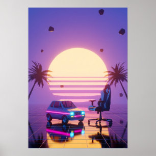 Vaporwave Retro Auto en Gaming Stoel Poster