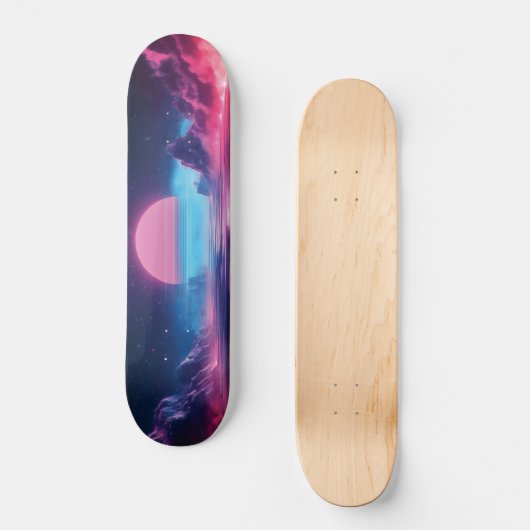 Vaporwave Sunset Landschap, Retro-futuristisch ont Skateboard (Voorkant)