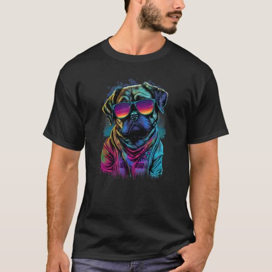 Vaporwave Synthwave Retrowave 80s Pug Dog met Zon T-shirt (Voorkant)
