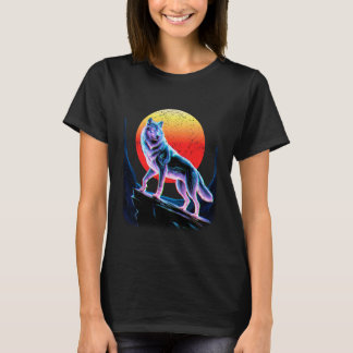 Vaporwave Wolf Standing Strong in Glitchy Sunset C T-shirt