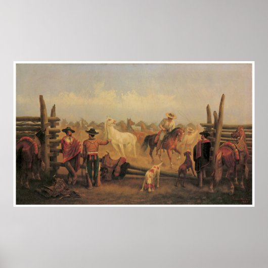 Vaqueros Roping Horses in a Corral, 1877 Poster (Voorkant)