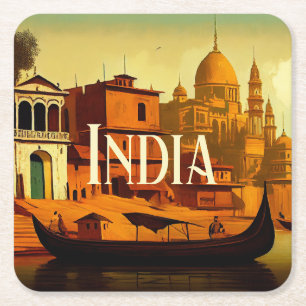 Varanasi India Painting Vierkante Kartonnen Onderzetter