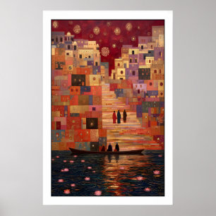 Varanasi-kunstprint Lotusbloemen, rood en goud Poster
