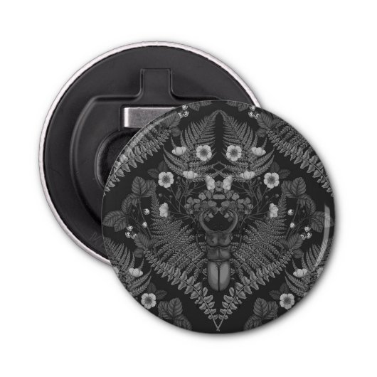 Varens en halskevers, in zwart-wit button flesopener (Voorkant)