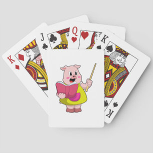 Varken als leraar met boek pokerkaarten